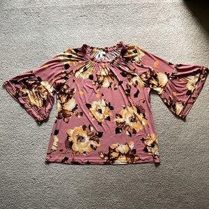 Studio by Denim & Co. Floral Print 3/4 Bell Sleeve Peasant Top